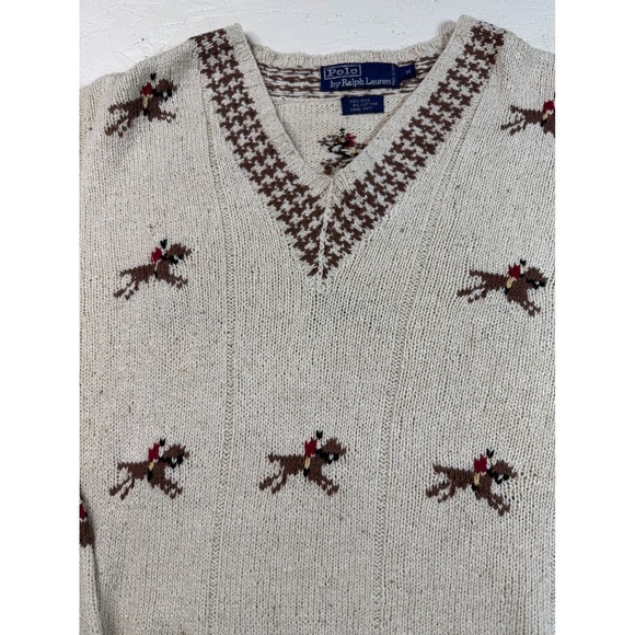 Rare VTG Polo Ralph Lauren Sz MHorses Jockey‎ Hand Knit Beige V Neck Silk Cotton - Picture 3 of 8